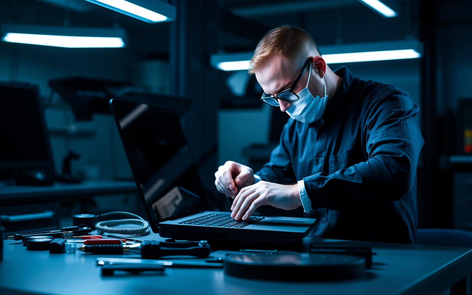Technician performing lap-top re-pair on a workbench in Pune